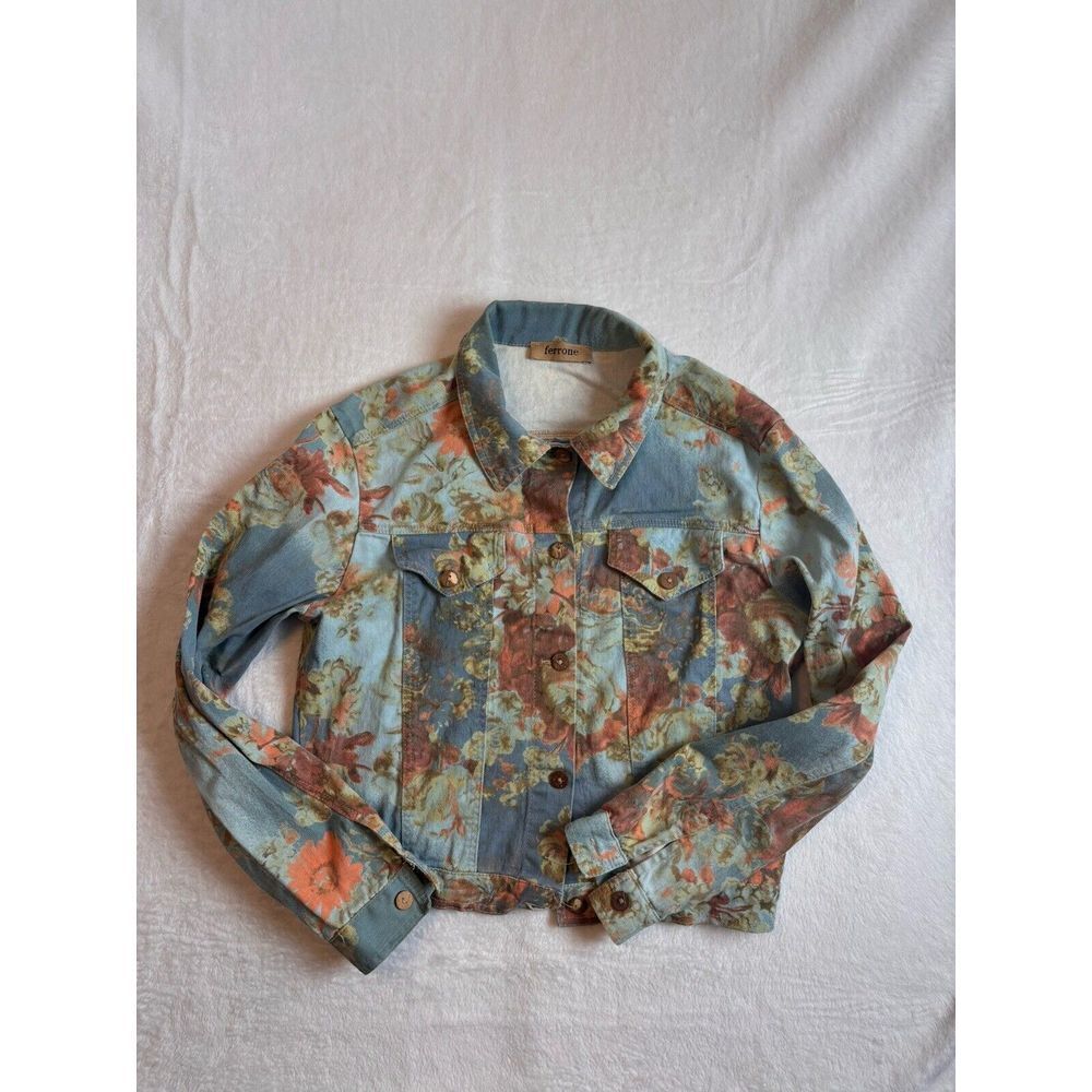VTG Ferrone Floral Long Sleeve Blue Jean Jacket Women's‎ Medium *